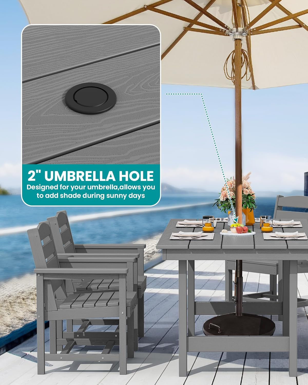 Outdoor HDPE Dining Table Set, 7-Piece Outdoor Dining Table Sets with Umbrella Hole Cut-Out Table and 6 Chairs, Gray