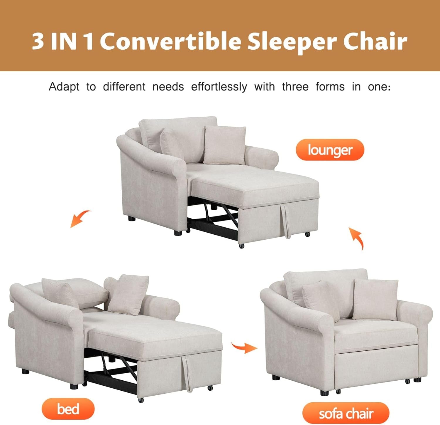 Chenille Convertible Sleeper Chair with Pillow & Adjustable Backrest, Adult 3 in 1 Lounger Sofa Turns into Chaise Lounge Recliner Single Bed for Living Room Balcony Bedroom Office, Beige