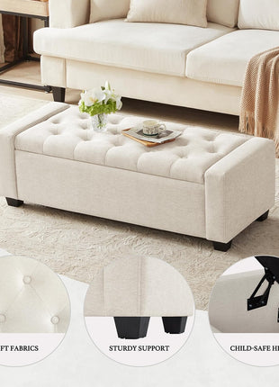 Huatean 48-Inch Upholstered Storage Ottoman Bench with Safety Hinge for Entryway Seating, Supports Up to 330 lbs, Beige