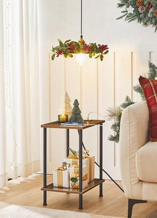 Set of 2 Rustic Brown Side Tables with Integrated Charging Station, USB Ports, and Outlets, Featuring Dual Storage Shelves for Compact Spaces