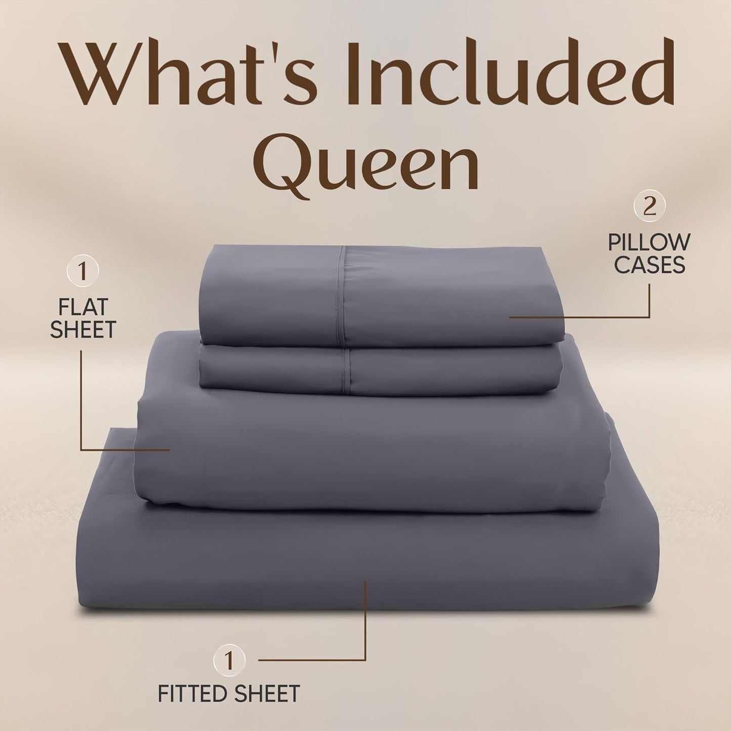 Queen Size Sheet Set – 4 Piece Bed Sheets, Soft and Breathable Microfiber, Includes 1 Fitted Sheet, 1 Flat Sheet and 2 Pillowcases – Oeko Tex (Grey)