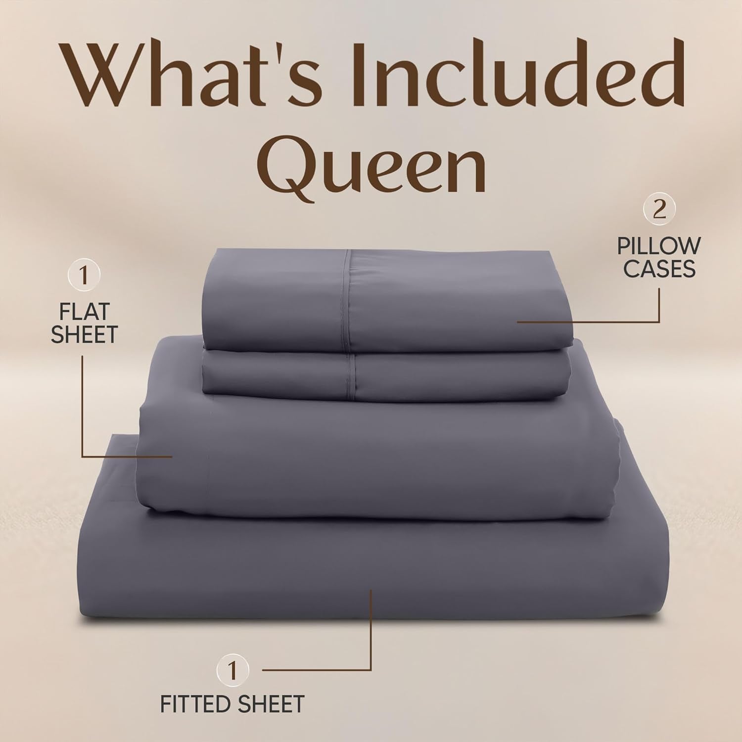 Queen Size Sheet Set – 4 Piece Bed Sheets, Soft and Breathable Microfiber, Includes 1 Fitted Sheet, 1 Flat Sheet and 2 Pillowcases – Oeko Tex (Grey)