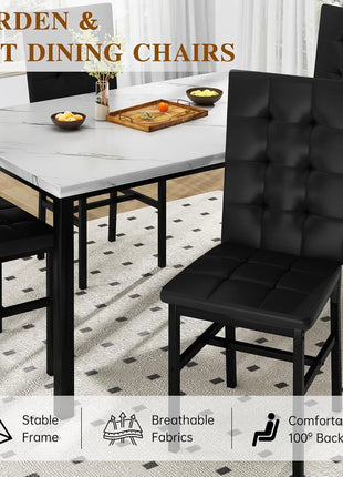 Contemporary Faux Marble Dining Table Set for Four with Leather Chairs - Stylish Kitchen Furniture for Compact Spaces (White & Black)