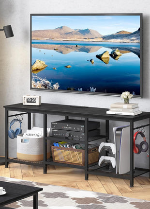 TV Stand for Up to 55-Inch TVs, Entertainment Center with Power Outlet and Open Storage Shelves, Black Console Table for Living Room and Bedroom