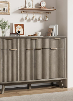 Contemporary Fluted Sideboard Buffet Cabinet with Integrated Charging Station, 47.2" Kitchen Storage Solution Featuring Drawers and Adjustable Shelves, Perfect for Dining and Living Rooms, Grey Finish