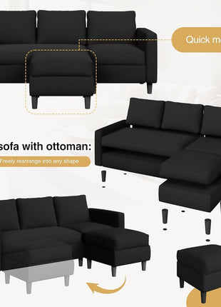 Modern 3-Seat Reversible Sectional Sofa with Convertible Ottoman in Ribbed Fabric - L-Shaped Couch for Small Spaces, Ideal for Apartments, Studios, and Offices - Easy Assembly - Black