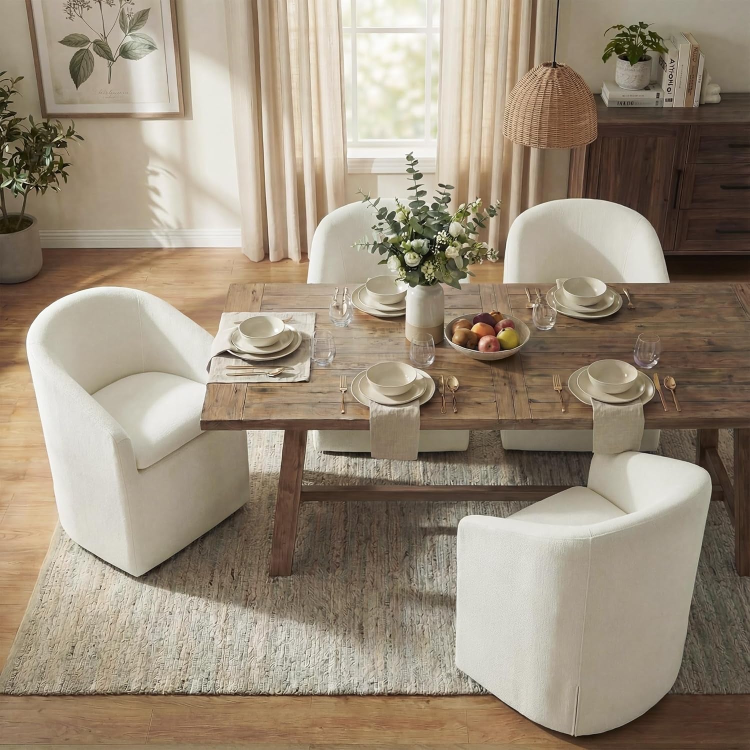 Upholstered Dining Chairs with Casters, Washable Cover Modern Dining Room Chairs with Barrel Backrest & Dual Armrest for Kitchen, Living Room, Bedroom, Linen Fabric, 4PCS