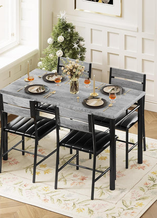 4-Person Wooden Dining Table Set with Upholstered Chairs for Compact Spaces in Grey Finish