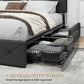 Upholstered Queen Size Platform Bed Frame with 4 Storage Drawers, Adjustable Headboard with Diamond Stitched Button Tufted Design, Wooden Slat Support, No Box Spring Needed, Dark Grey
