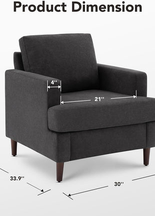 Mid-Century Modern Upholstered Accent Chair with Wooden Legs - Stylish and Comfortable Armchair for Living Room and Bedroom (Dark Grey, Single Pack)