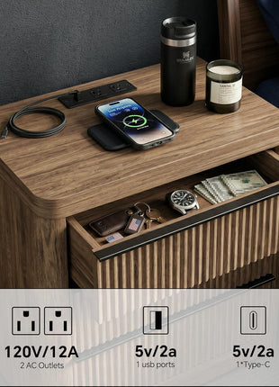 Set of 2 Fluted Nightstands with Charging Station, 3-Drawer Storage End Tables in Grey Alder for Bedroom and Living Room