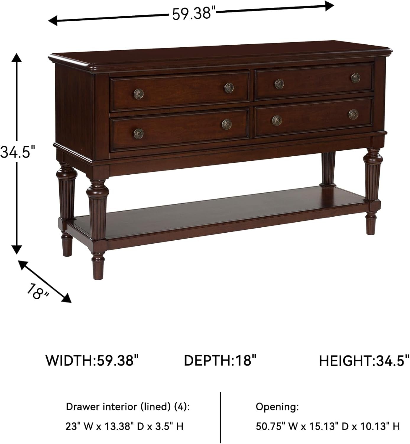 Lavinton Classic 4-Drawer Dining Server with Open Shelf, Dark Brown
