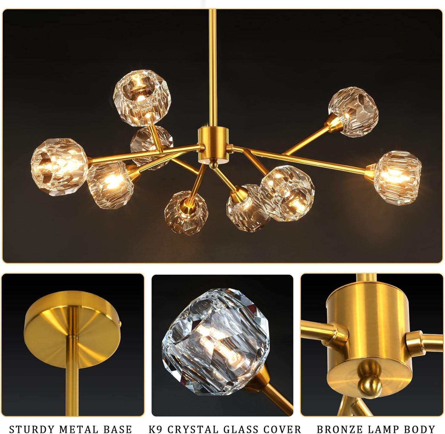 Sputnik Chandeliers for Dining Room Light Fixture over Table, Modern Crystal Chandeliers, 9 Lights Gold Lighting Fixtures for Living Room Bedroom Kitchen Island