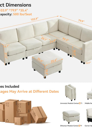 104'' V-Shaped Modular Sectional Sofa with Storage, 7-Seater Modern Cloud Couch and Movable Ottoman in Chenille Beige