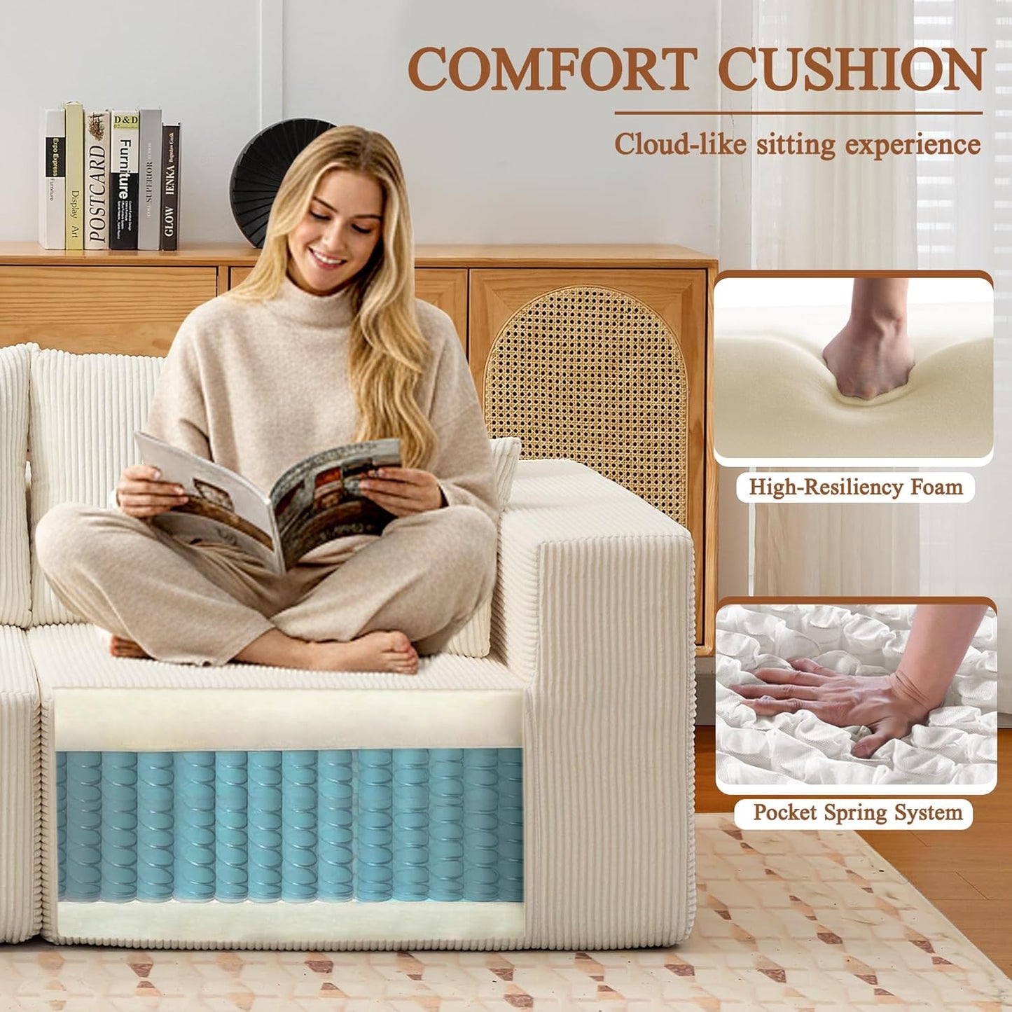 Modular Sectional Sofa for Living Room, 108" Cloud Couch Sectional with L-Shape Chaise, Modern Upholstered Corduroy Boneless Couch with Memory Foam Deep Seat, No Assembly Required (Beige)