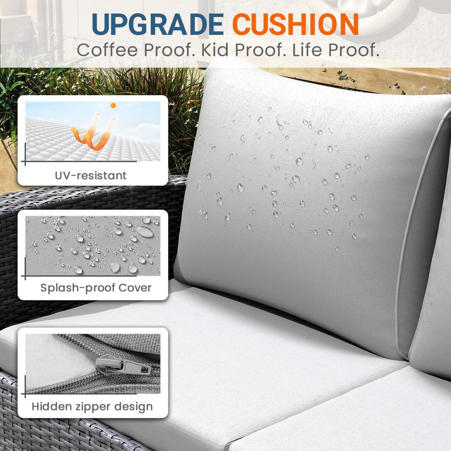 4 Piece Patio Furniture Set, Wicker Outdoor Patio Conversation Furniture Set, All Weather Outdoor Patio Sofa with Cushion and Glass Table, Ash Gray