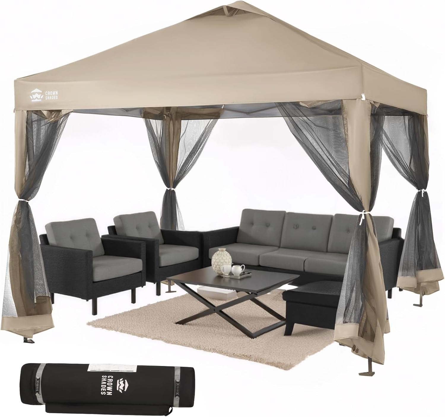 10X10 Pop up Gazebo, Canopy with Mosquito Netting,Instant Screen Tent with 4 Ropes, 8 Stakes, 4 Sandbags and Wheeled Storage Bag,For Patio & Backyard Parties,Camping&Events- Beige