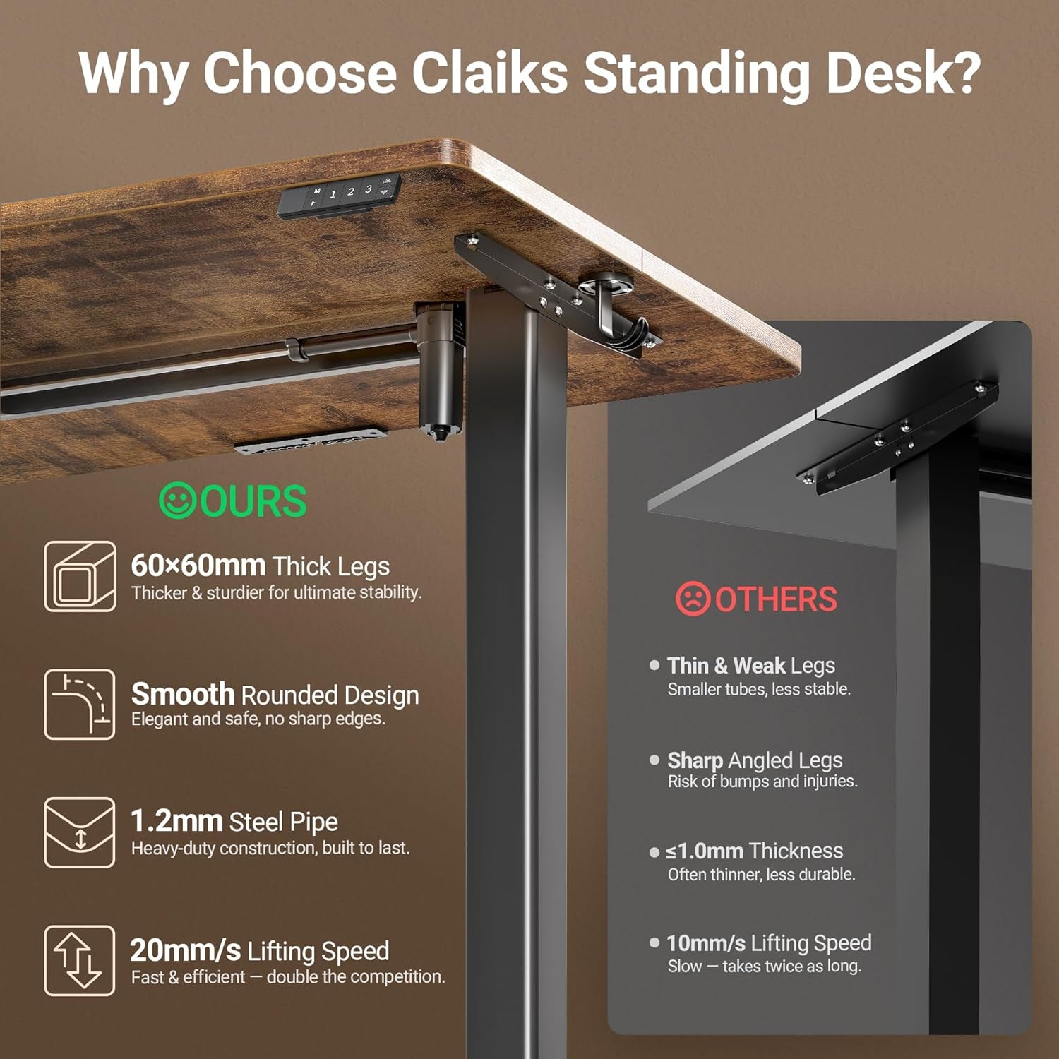 Electric Standing Desk, Adjustable Height Stand up Desk, 24X48 Inches Sit Stand Home Office Desk with Splice Board, Black Frame/Rustic Brown Top