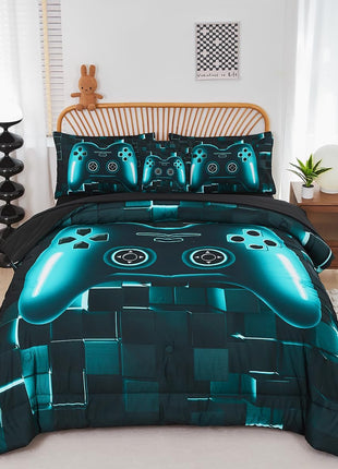 Twin Size 6-Piece Gamer Bedding Set in Teal Blue with 3D Gamepad Design for Boys and Teens