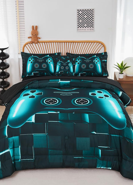 Twin Size 6-Piece Gamer Bedding Set in Teal Blue with 3D Gamepad Design for Boys and Teens
