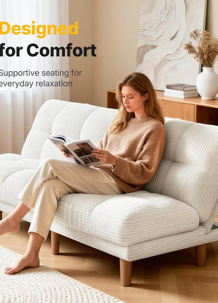 65-Inch Convertible Futon Sofa Bed with Adjustable Backrest, Ergonomic Recliner Sleeper Couch in Corduroy Fabric for Living Room, Office, or Guest Room (White)