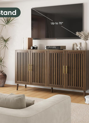 63" Long Sideboard Buffet with 4 Louvered Doors, Adjustable She, and Gold Handles - Farmhouse Storage Cabinet for Entryway, Kitchen, Dining Room, and Living Room in Walnut Finish
