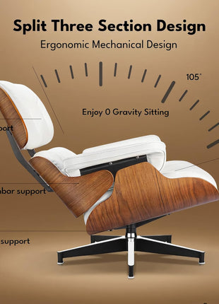 Mid-Century Modern Top Grain Leather Chaise Lounge Chair and Ottoman with Durable Base Support, Walnut and White Finish for Living Room, Study, or Office