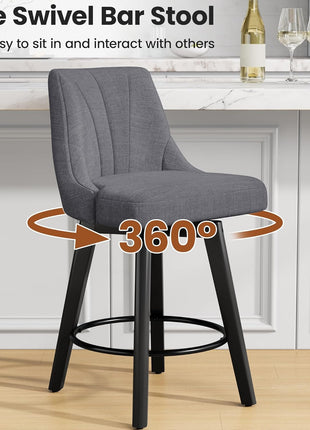 Set of 3 Upholstered 24" Counter Height Swivel Bar Stools with Back and Solid Wood Legs in Dark Gray for Kitchen Island and Dining Room