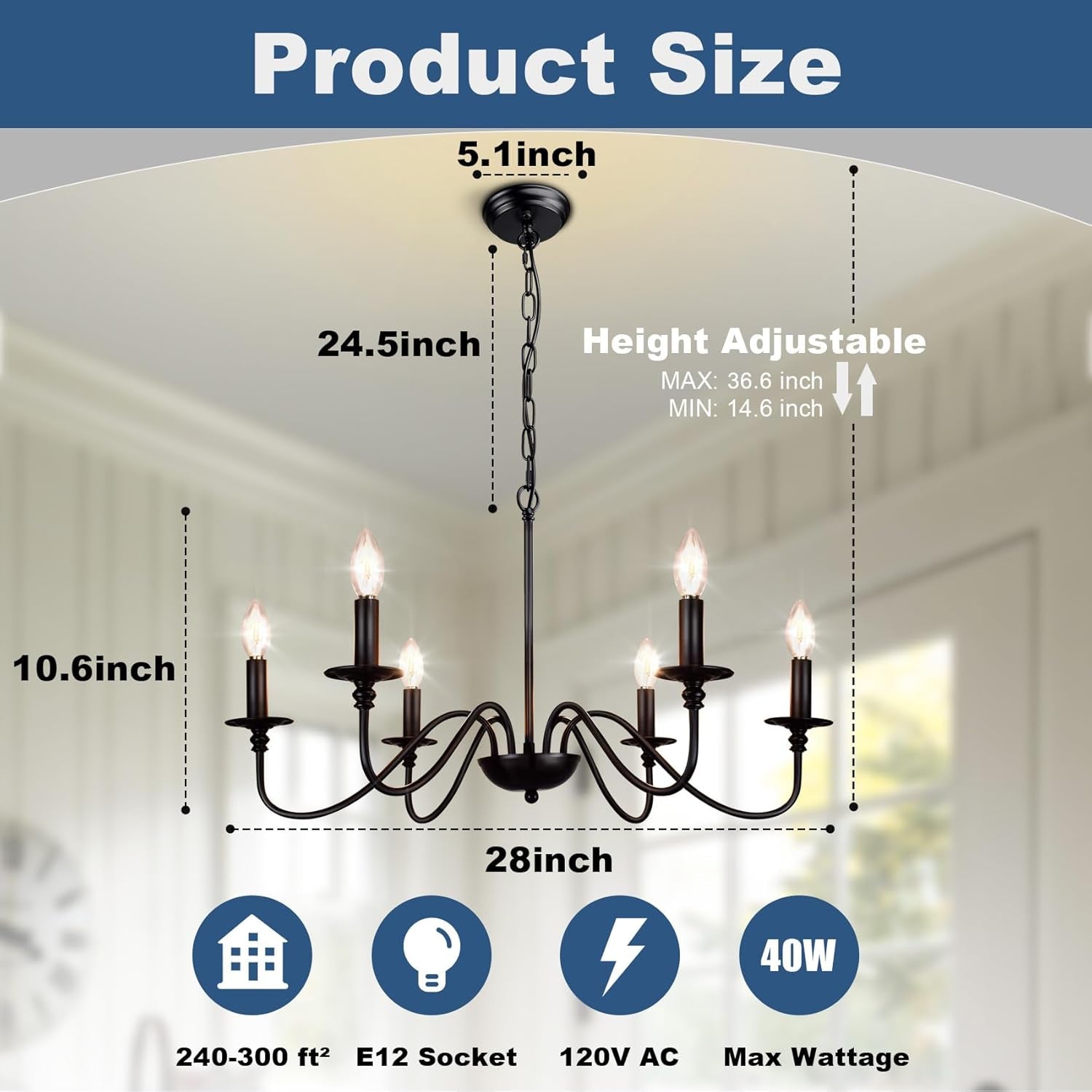Farmhouse Chandelier for Dining Room: 6-Light Black Industrial Kitchen Island Pendant Light Fixture - Rustic Candle Chandeliers Vintage Modern Hanging Ceiling Lamp for Bedroom Foyer