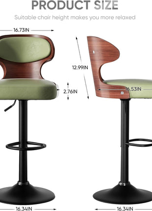 Set of 2 Adjustable Height Bentwood Swivel Bar Stools with Backrest and Footrest - Green PU Leather Upholstered Dining Chairs (24.5-33.5 IN)