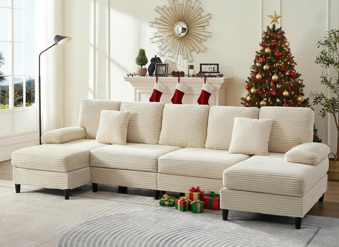 4 Seater U-Shaped Sectional Sofa Couches with Sleepable Armrest for Living Room Sets Furniture, 112" Width Corduroy Living Room Sleeper Sofa Couch Set with Double Chaises for Home Office, Beige