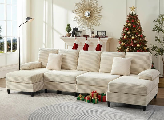 4 Seater U-Shaped Sectional Sofa Couches with Sleepable Armrest for Living Room Sets Furniture, 112" Width Corduroy Living Room Sleeper Sofa Couch Set with Double Chaises for Home Office, Beige