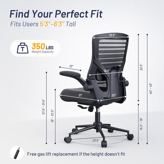 Office Desk Chair for Long Hours & Lower Back Pain Relief – 4“ Thick Molded Foam Cushion, Enhanced Lumbar Support, Padded Flip-Up Armrests, New Year Workspace Upgrade, Black