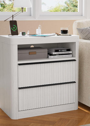 Set of 2 Fluted Nightstands with Drawer Storage, Modern Bedside Tables with USB Port and Outlet, Mid-Century Design for Bedroom and Sofa (White Oak)