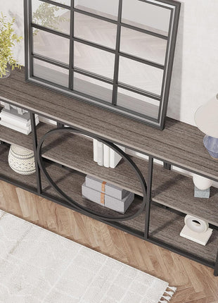 70.9-Inch Extra Long Narrow Console Table with Three-Tier Wooden Storage Shelves and Metal Frame for Entryway, Hallway, and Living Room - Black Rustic Gray