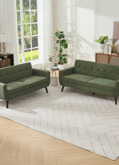 Mid-Century Modern Sofa Set: Loveseat and Standard Sofa in Green Linen Fabric with Button Tufting, Solid Wood Legs, Pocket Spring System, and Slatted Frame