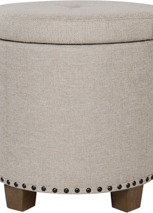 Upholstered Round Storage Ottoman with Nailhead Trim in Light Brown Fabric for Living Room and Bedroom