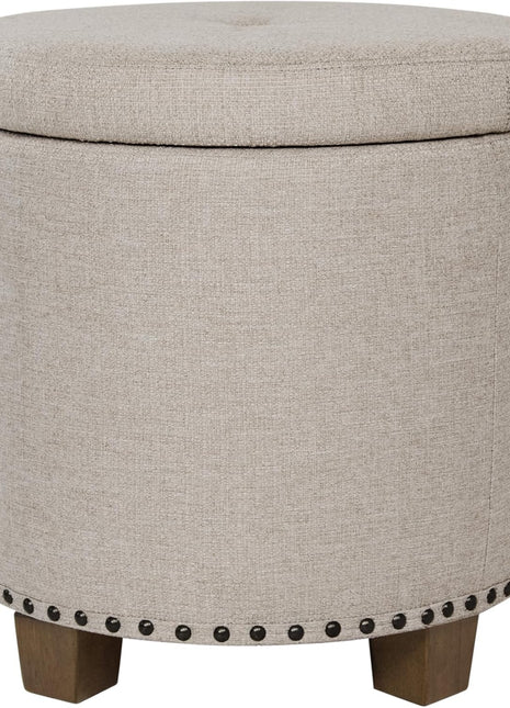 Upholstered Round Storage Ottoman with Nailhead Trim in Light Brown Fabric for Living Room and Bedroom