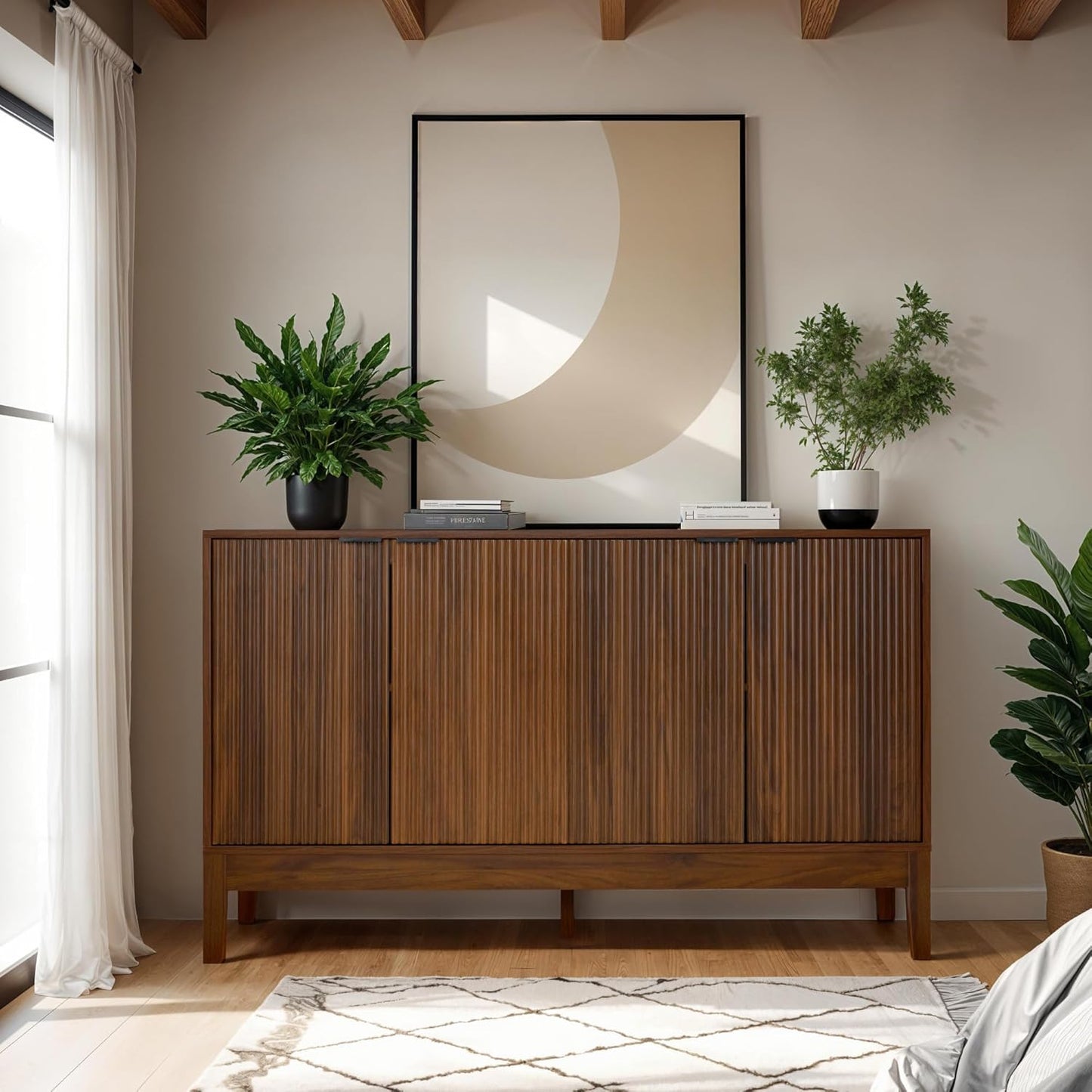 55" Modern 4-Door Sideboard Storage Cabinet, Buffet, Media Cabinet, Cupboard, Entryway Accent Table, Bookcase W/Reed Panels and Adjustable Shelves – Walnut