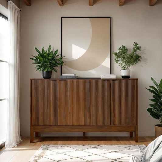 55" Modern 4-Door Sideboard Storage Cabinet, Buffet, Media Cabinet, Cupboard, Entryway Accent Table, Bookcase W/Reed Panels and Adjustable Shelves – Walnut