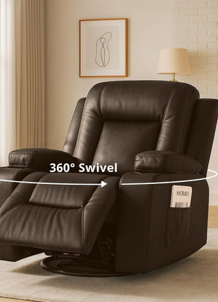 Brown PU Leather Swivel Recliner Chair with Cup Holders and Side Pockets for Living Room or Bedroom