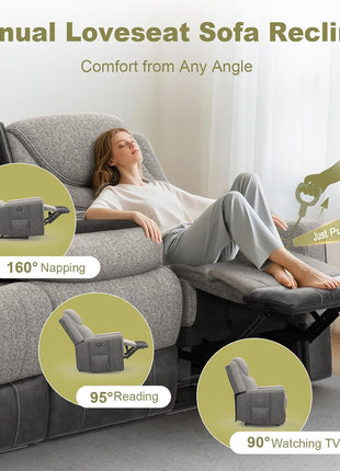 Sophisticated Manual Recliner Sectional Sofa Featuring Flip Middle Backrest, USB Ports, and Cup Holders in Grey Linen & Chocolate Leather Finish, Seats Up to 5 Individuals