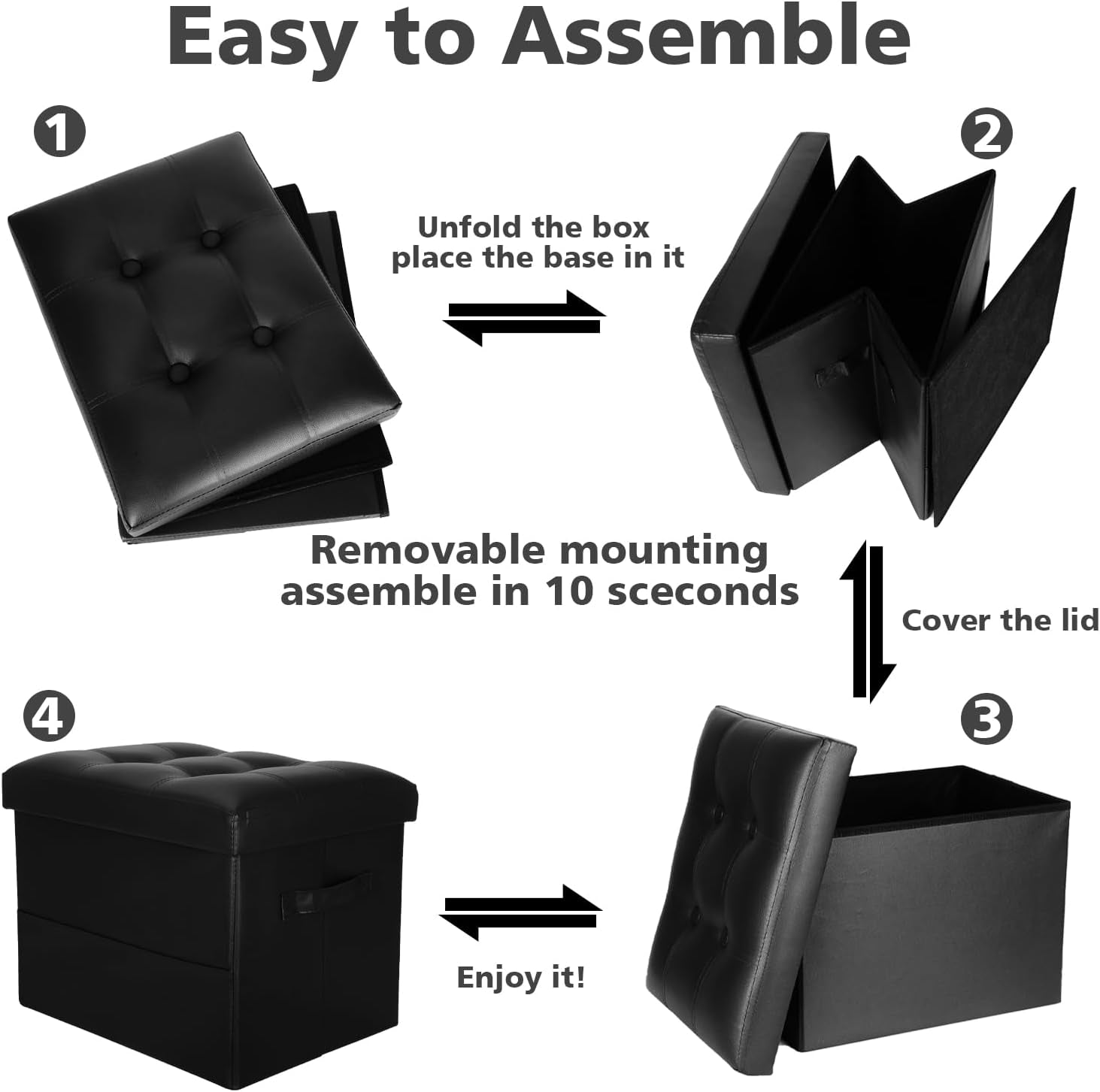 Storage Ottoman Foot Rest Stool with Thicker Foam Padded Seat. Foldable Leather Footstool Bench. Small Ottoman with Storage for Living Room Bedroom Coffee Table 350 Lbs, 17X13X13In, Black.