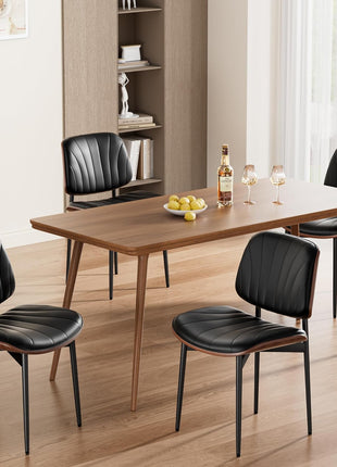 Set of 6 Mid-Century Modern Upholstered PU Leather Dining Chairs with Walnut Bentwood Back and Metal Legs, Featuring Adjustable Feet for Kitchen and Dining Room, Black Shell Strips