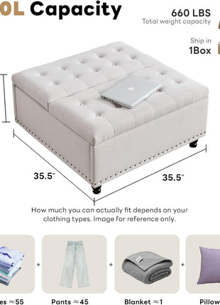 Oversized Tufted Upholstered Square Storage Ottoman Bench with Lift Top and Solid Wood Legs, Ideal Coffee Table for Living Room (Beige)