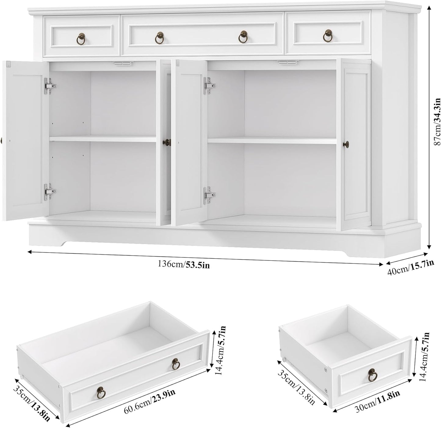 Buffet Cabinet with Storage, 52.7" Large Sideboard Buffet Cabinet, White Kitchen Cabinet with 3 Drawers and 4 Doors, Wood Coffee Bar for Kitchen Dining Room, White