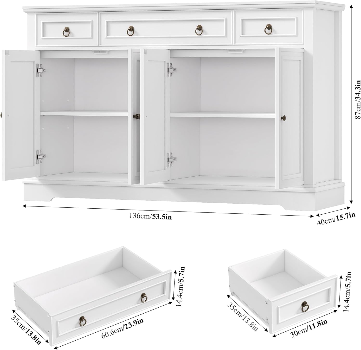 Buffet Cabinet with Storage, 52.7" Large Sideboard Buffet Cabinet, White Kitchen Cabinet with 3 Drawers and 4 Doors, Wood Coffee Bar for Kitchen Dining Room, White