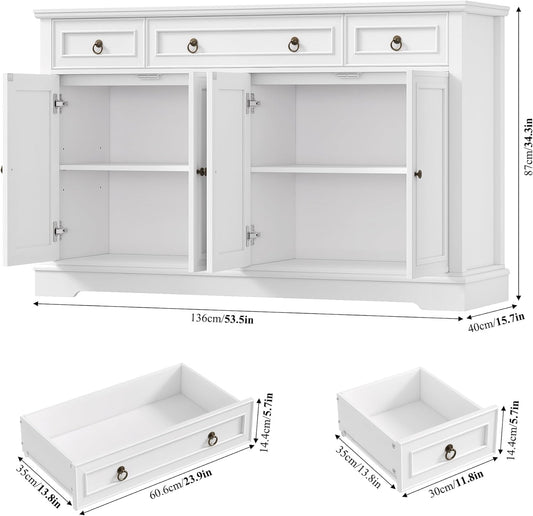 Buffet Cabinet with Storage, 52.7" Large Sideboard Buffet Cabinet, White Kitchen Cabinet with 3 Drawers and 4 Doors, Wood Coffee Bar for Kitchen Dining Room, White