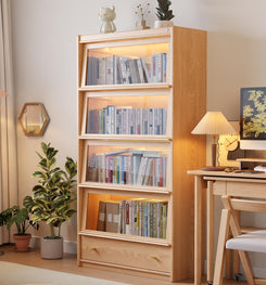 73" H Tall Solid Wood Bookcase with Flip-Up Tempered Glass Doors and 3 Color Led Lights,4 -Tier Wooden Bookshelf with 1 Drawer,Display Cabinet Kitchen Pantry for Living Room,Office