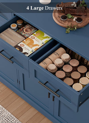 60-Inch Large Buffet Sideboard with Storage - 36-Inch Tall Kitchen Cabinet Featuring 4 Drawers, Modern Coffee Bar Design with Black Handles in Blue Finish